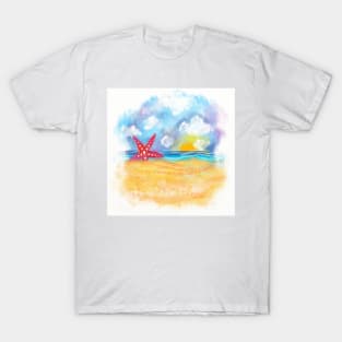 Beach Starfish ( Seastar) Watercolor Scene T-Shirt
